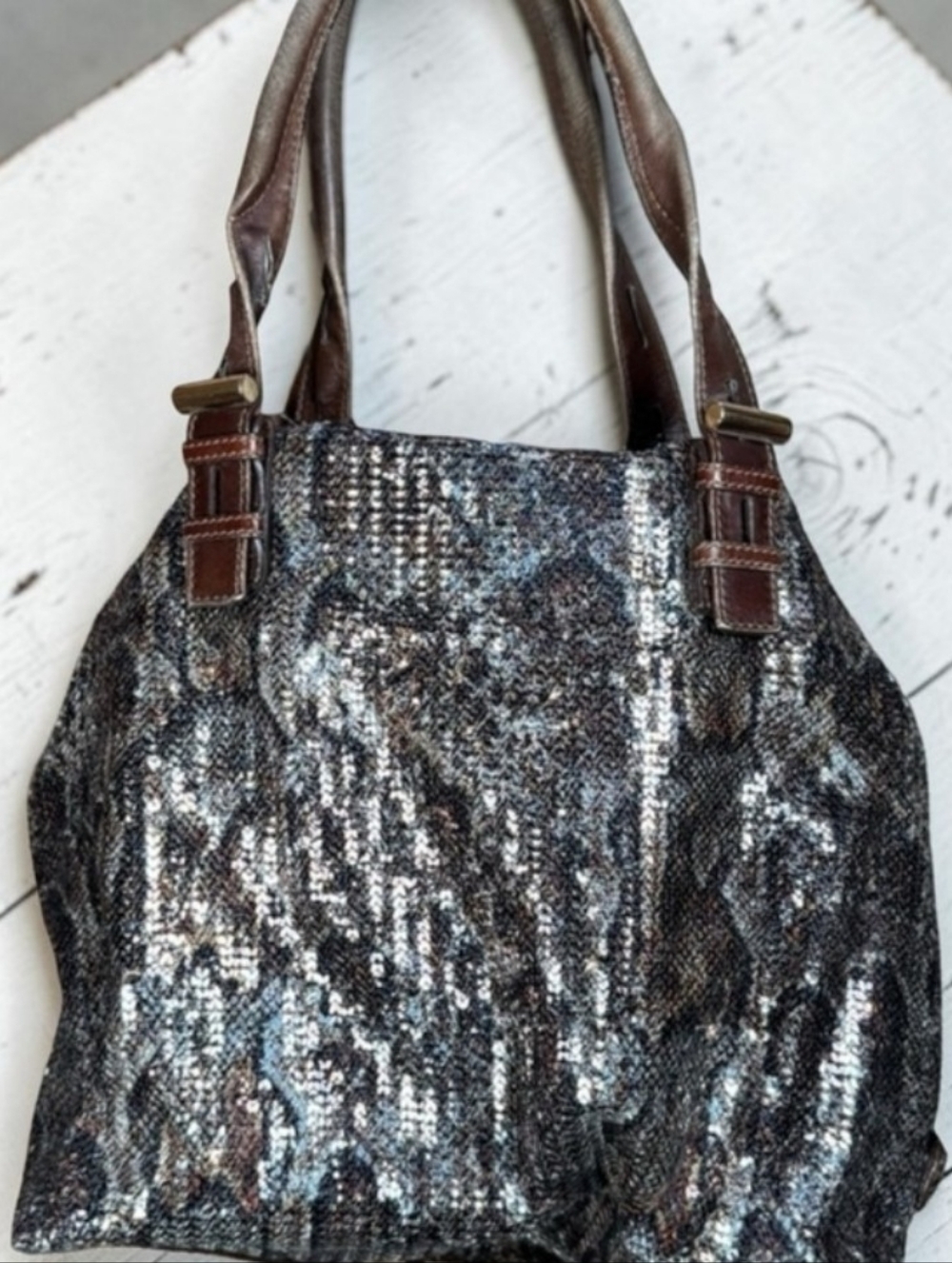 Jimmy Choo Sequined Python Snake Pattern Leather "Bea" Tote - Picture 7 of 11